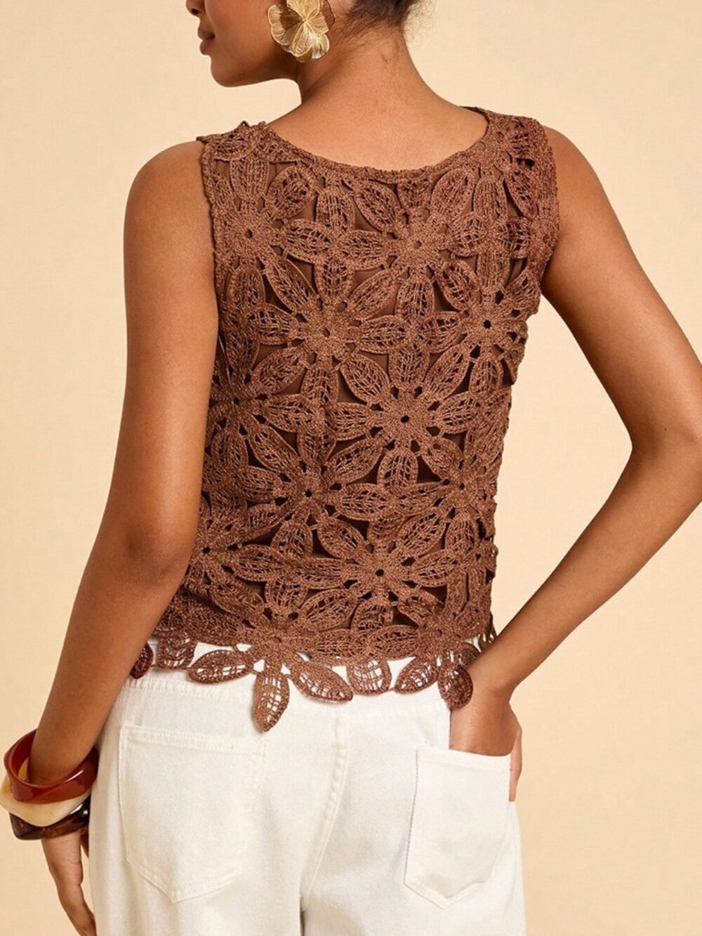 Coffee Brown Boho Crochet Women's Sleeveless Crew Neck Top Vacation Beach - Picture 2 of 7